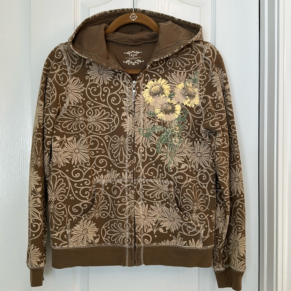 IZOD Sunflower Women’s Cotton Blend Zip Front Hoodie Medium Fleece Lined Cocoa
